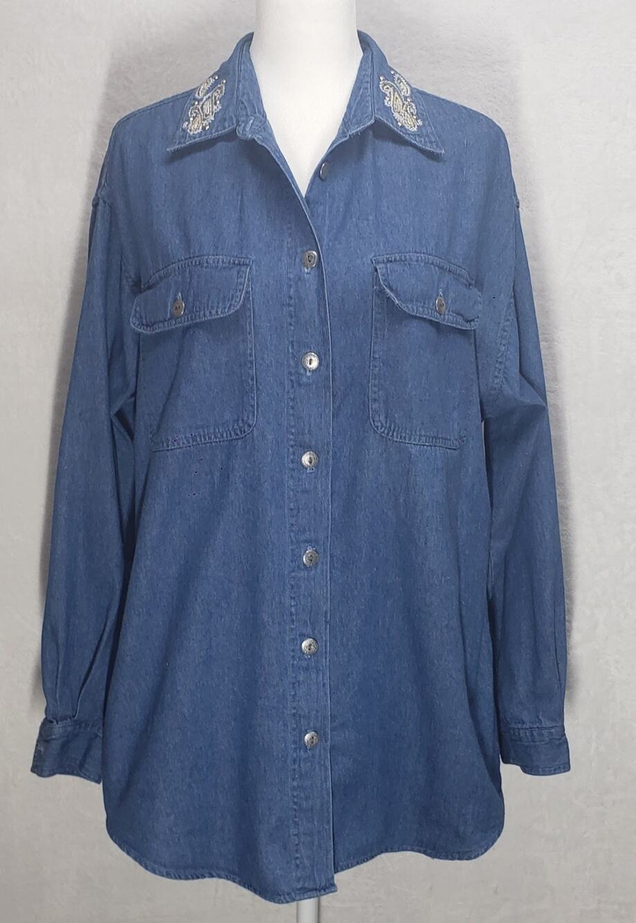 Red Hot Vintage 90s Beaded Embroidered Denim Shirt Jacket Boxy Western M